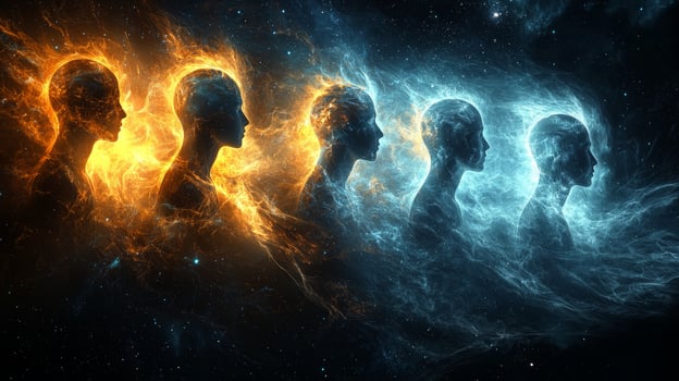 Vast cosmic web connects countless human faces emerging from darkness. Their thoughts and emotions intertwine symbolizing collective unconscious in deep celestial space filled energy photo