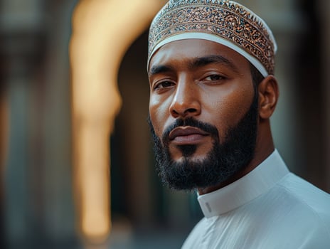 Muslim man stands near mosque entrance wearing traditional white attire and embroidered kufi cap as warm sunlight enhances festive atmosphere of Eid al Fitr photo