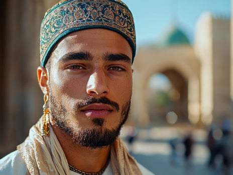 Muslim man wearing white thobe and embroidered kufi cap stands outside mosque as sunlight softly illuminates his face capturing essence of Eid al Fitr celebrations photo