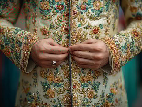 Hands of Muslim man carefully tie sash of his ornate Pakistani sherwani adorned shimmering gold embroidery reflecting festive spirit of Eid celebrations photo
