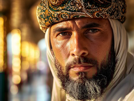 Muslim man stands mosque entrance wearing white thobe and embroidered kufi cap. Sunlight beautifully highlights his face embodying spirit of Eid al Fitr photo