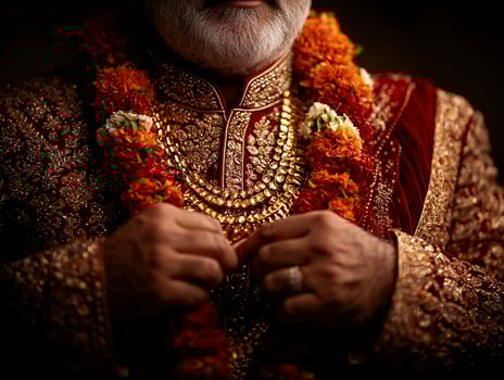 detailed view of Muslim man's hands tying sash of his golden embroidered sherwani embodying festive spirit of Eid al Fitr rich cultural significance and family traditions photo