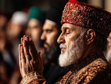Imam prepares start Maghrib prayer hands raised in Takbir while worshippers express devotion in beautifully decorated mosque during Eid festivities photo