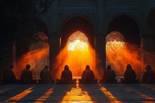 Young Muslim men sit cross legged in mosque sharing insights and teachings after prayer. Warm light fills space creating peaceful atmosphere during Eid al Fitr celebrations photo