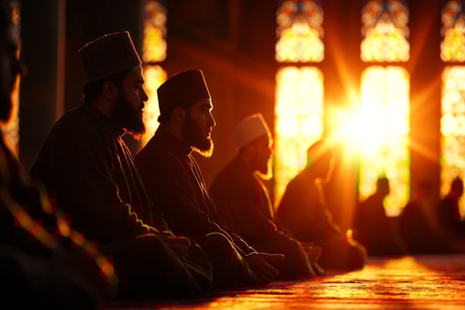 Young Muslim men sit cross legged in mosque engaging in heartfelt discussions about religious teachings after completing their prayers illuminated warm natural light photo
