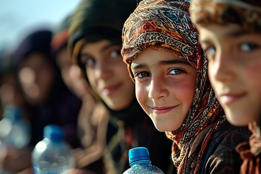 group of young Muslim boys shares water bottles labor workers radiating joy and compassion hot sun. Their smiles reflect spirit of unity and kindness photo