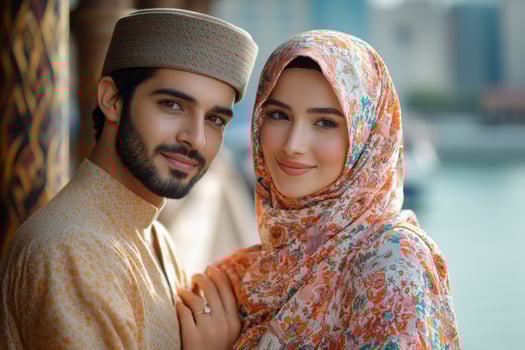 young Muslim couple dressed in matching abaya and thobe stands on beautifully carved wooden bridge gazing each other affection during Eid al Fitr festivities photo