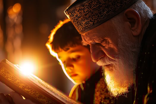 elderly man and young boy engage in heartfelt prayer together in serene home prayer space Quran open on wooden stand between them photo