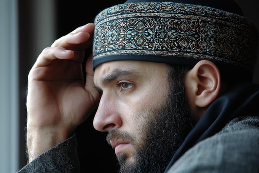 man stands in front of mirror adjusting his ghutra and black agal getting ready for Friday prayer. setting reflects blend of tradition and modernity highlighting his devotion photo