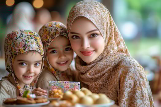 On Eid morning Muslim mother places beautifully wrapped gift on breakfast table while her children's faces light up excitement. table features traditional Eid sweets photo