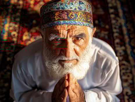 elderly Muslim man kneels in Sujood on decorative prayer rug his forehead touching ground while soft golden light streams through nearby windows during Eid celebrations photo
