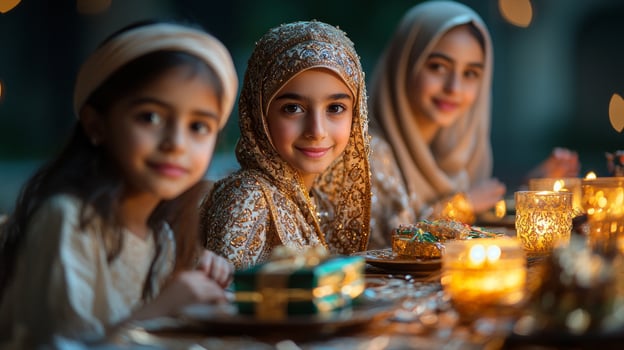 joyful Muslim family celebrates Eid al Fitr around beautifully decorated dinner table exchanging gifts and enjoying traditional dishes amidst warm candlelight photo