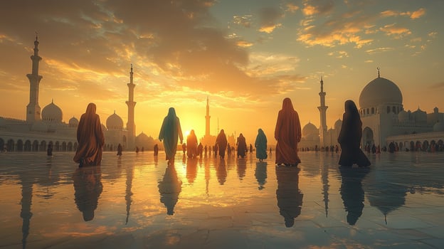 Brightly colored abayas and hijabs adorn Muslim women as they walk together through contemporary city. golden light of evening captures their silhouettes celebrating unity during Eid al photo