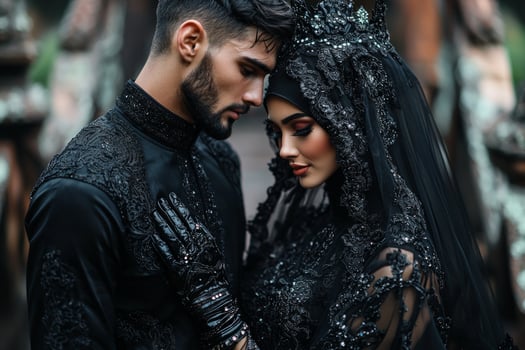 young Muslim couple in matching abaya and thobe share warm gaze on intricately carved wooden bridge in ancient city celebrating spirit of unity and love during significant holiday photo