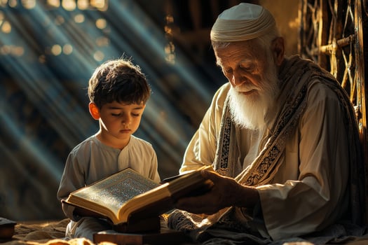 elderly man and young boy engage in heartfelt prayer together in cozy home space Quran open on wooden stand illuminated warm ambient light photo