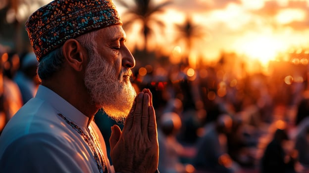 Men gather in serene outdoor space raising their hands in prayer as Adhan resonates in background. golden glow of sunset adds reverent atmosphere during Eid al Fitr photo