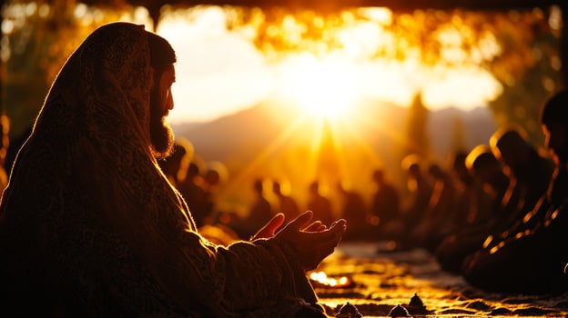 peaceful moment unfolds as men gather in outdoor prayer area united in worship during Eid al Fitr. soft glow of sunset enhances spiritual atmosphere photo