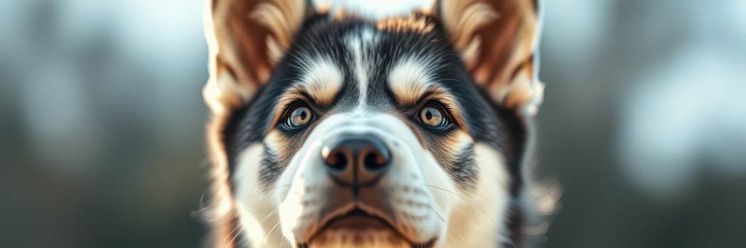 Beautiful husky stands proudly against a blurred natural background on a sunny day photo