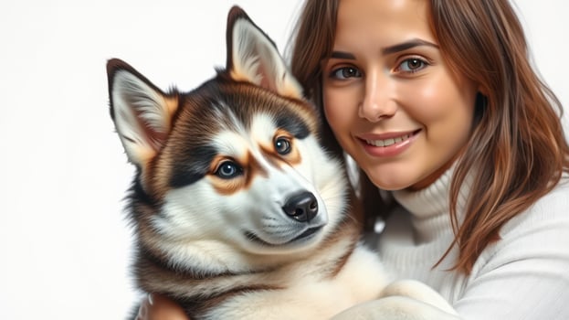 Smiling woman cuddles her adorable husky with a playful expression in a cozy indoor setting photo