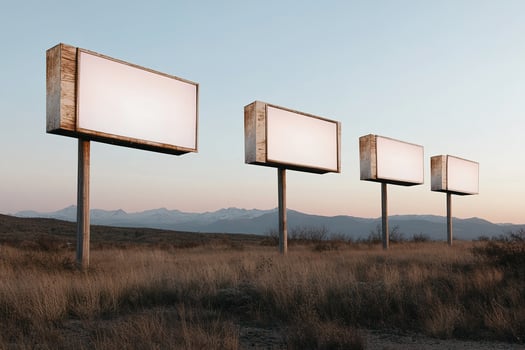 A row of billboards stands empty, stretching toward the horizon. The barren landscape and soft light of sunset create an ambiance of isolation, emphasizing the repetition of branding photo