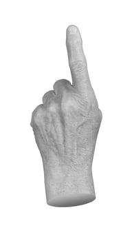 Elderly female hand with wrinkled skin pointing upward, index finger extended in a gesture of photo
