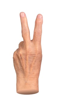 Elderly female hand showing a peace sign with wrinkled skin, symbolizing victory, success, and photo