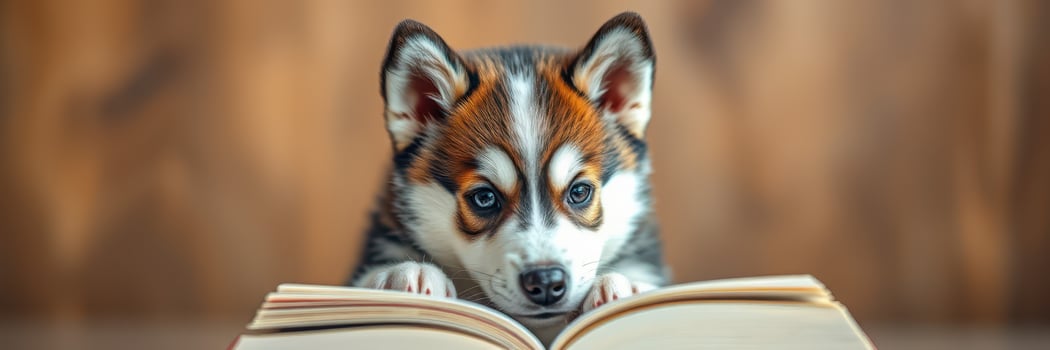 Puppy engaging with an open book indoors while looking curiously at the pages photo