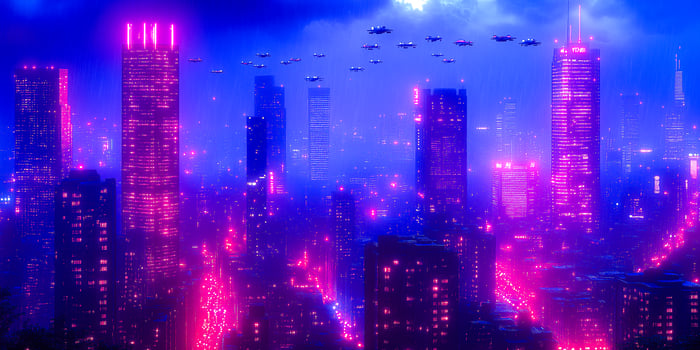 A city with neon lights and a lot of buildings photo
