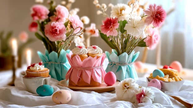 Traditional Kulich Cakes on Festive Easter Table photo