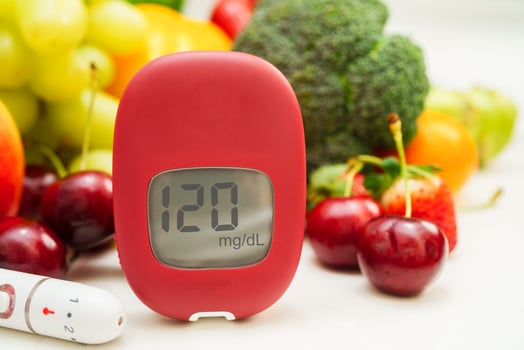 Digital glucose meter food for check sample blood sugar level to treatment diabetes with vegetable photo