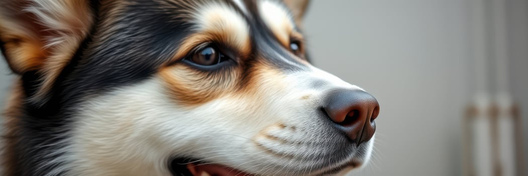 Close-up view of a cheerful dog looking away in a cozy indoor setting during the afternoon photo