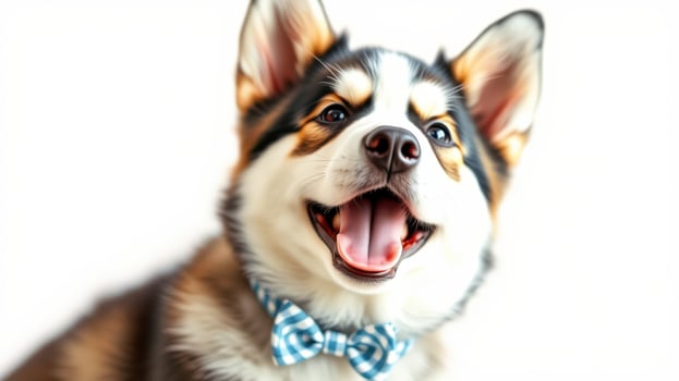 Happy corgi wearing a blue bow tie poses cheerfully in a bright setting photo