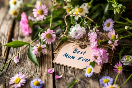 Mothers Day flowers with Best Mom Ever text on card photo