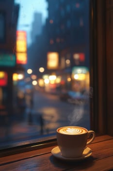 Coffee cup on a wooden table with city view in evening photo