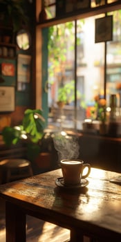 Warm cup of coffee on a rustic table in a cozy cafe photo