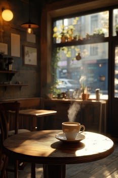 Coffee cup with steam in a cozy cafe during the day photo