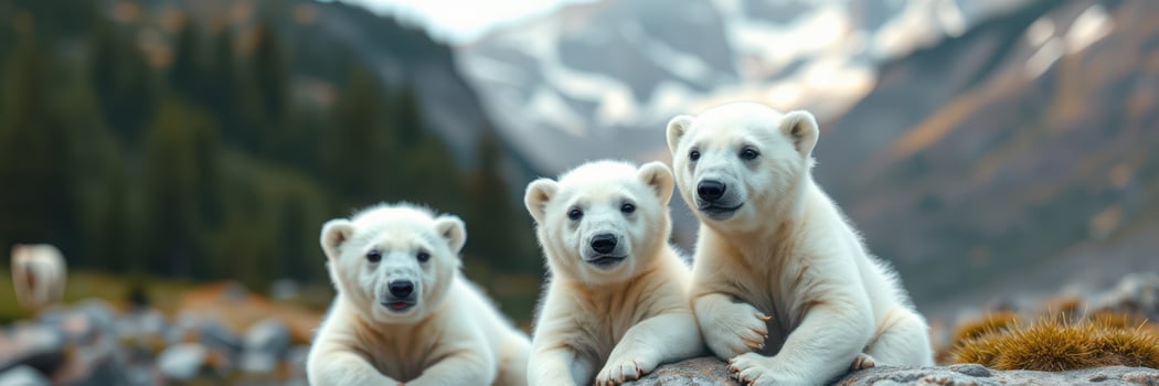 Three playful polar bear cubs lounging on rocks in a mountainous habitat during a sunny day photo