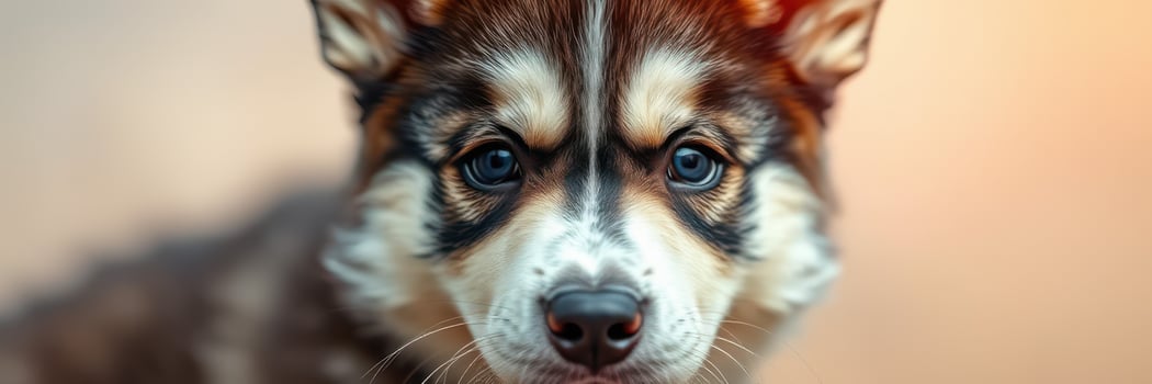 Beautiful young husky with striking blue eyes gazes intently at the camera against a soft background photo