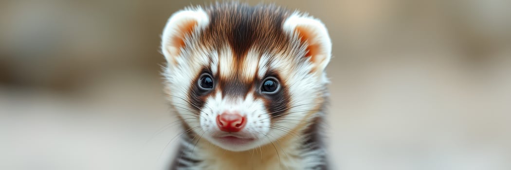Ferret with distinctive markings exploring a natural habitat during daylight hours in a soft focus background photo