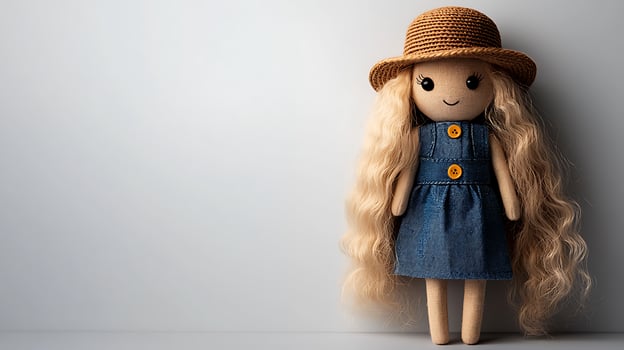 A charming handmade doll with long hair and a straw hat, standing against a minimalist background photo