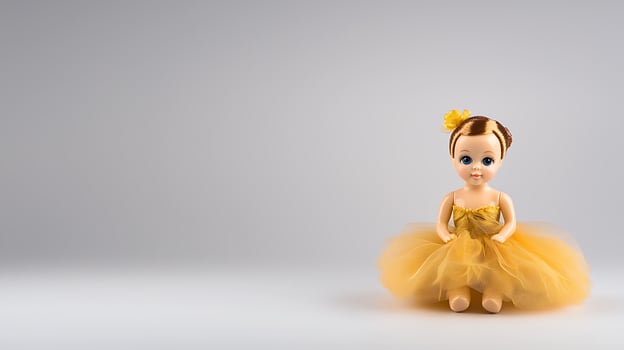 A charming vintage doll in a yellow tutu dress sits gracefully against a soft gray backdrop photo
