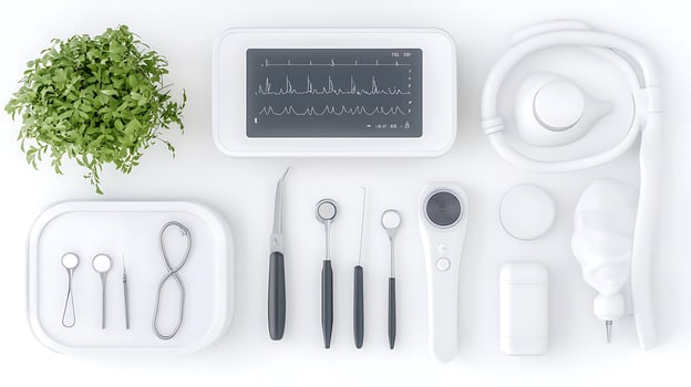 A clean and organized dental workspace featuring tools, a monitor, and a plant photo