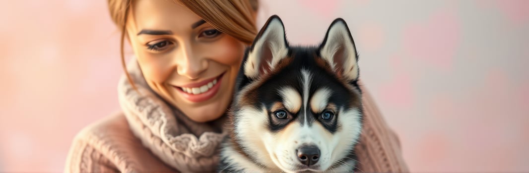 Happy woman cuddles her adorable husky dog in a cozy indoor setting during winter months photo