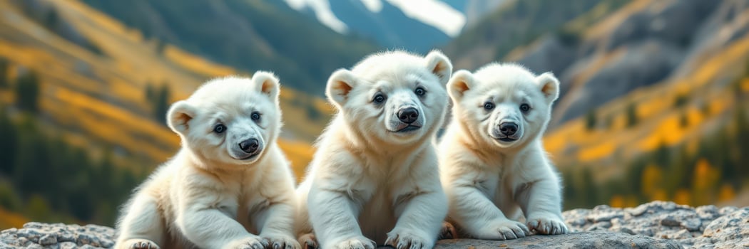 Three playful polar bear cubs lounging on a rocky area in the mountains during a sunny day photo