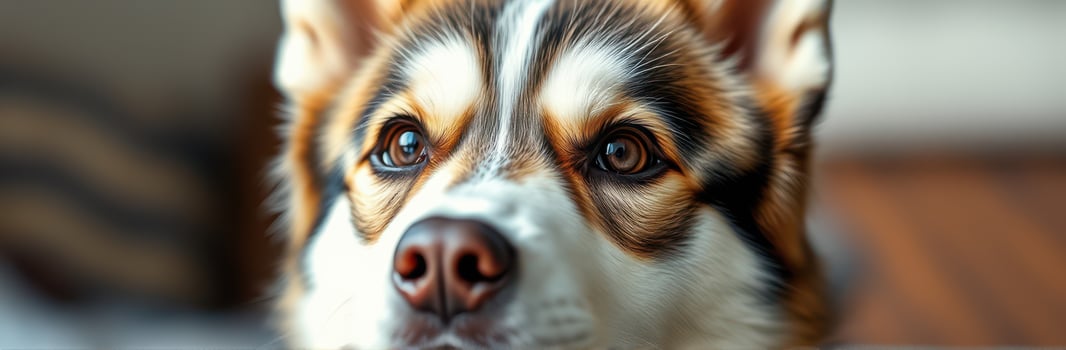 Curious husky gazes thoughtfully from a cozy indoor setting while enjoying a serene moment during the afternoon light photo