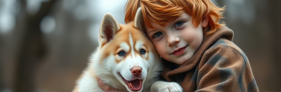 Child and husky puppy enjoy a moment of friendship in a serene outdoor setting during early autumn photo