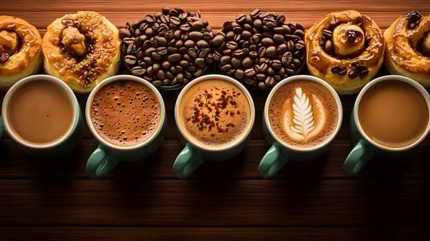 A cozy coffee and pastry arrangement showcasing various coffee types and delicious buns photo