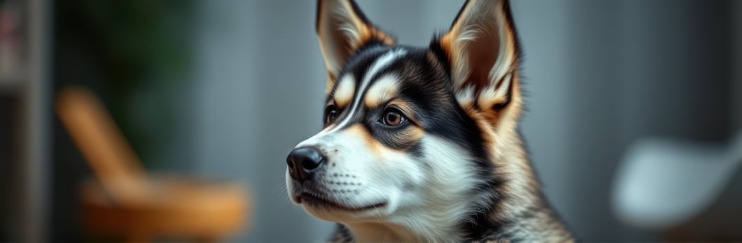 Young husky puppy sitting calmly indoors with soft lighting and a modern background photo