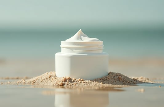 Mockup White Tube Bottle Cosmetic Jar on beautiful sand of beach photo