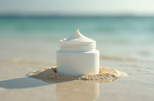 Mockup White beautiful Tube Bottle Cosmetic Jar on sand of beach photo
